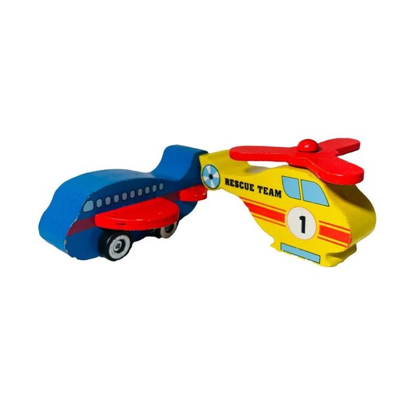 DGI Rescue Team Set of 2 Wooden 4” Toys Yellow Helicopter Blue Airplane Ages 2+ - Picture 5 of 7